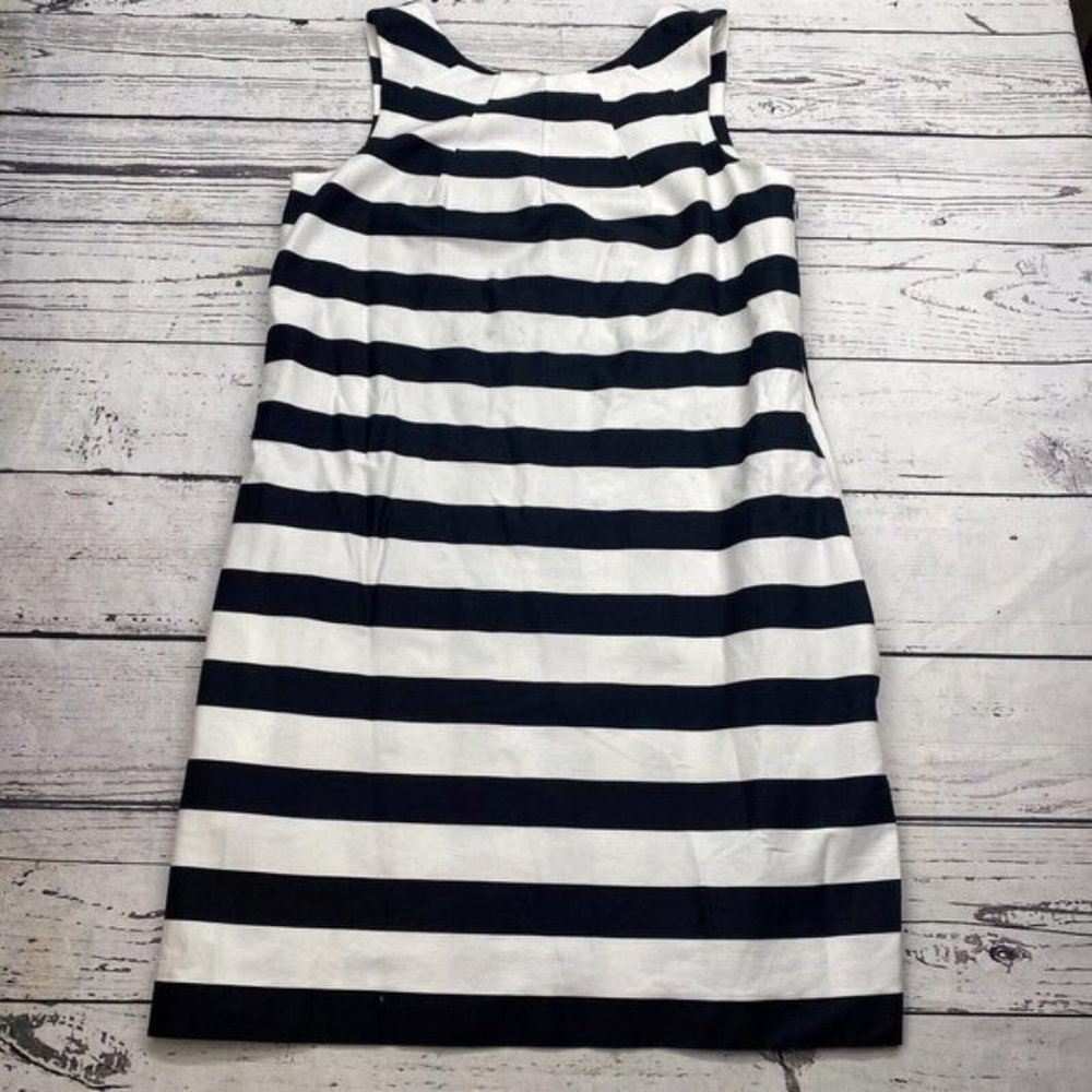 Maggy London Sz 6 Dress Black White Striped Pockets Low Back Sleeveless Side Zip